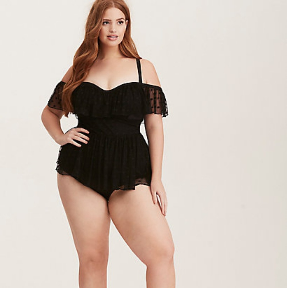 BNWT Torrid polka dot cold shoulder mesh one piece